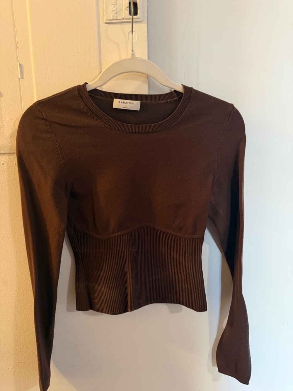 Babaton Chocolate Brown Ribbed-Waist Long Sleeve Top